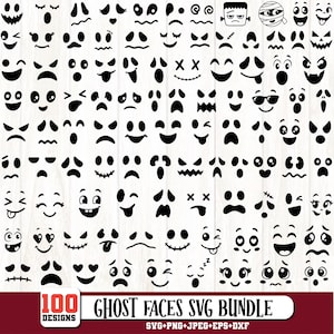 May include: A collection of 100 black ghost face designs with different expressions. The image features a variety of spooky and playful faces, ideal for Halloween crafts. The text "GHOST FACES SVG BUNDLE" is displayed at the bottom.