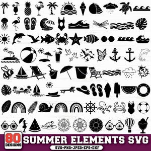 May include: A collection of 80 summer-themed SVG designs in black, including icons of beach elements like palm trees, waves, and beach chairs. Also includes images of marine life, food, and other summer-related objects. The text "80 SUMMER ELEMENTS SVG" is displayed.
