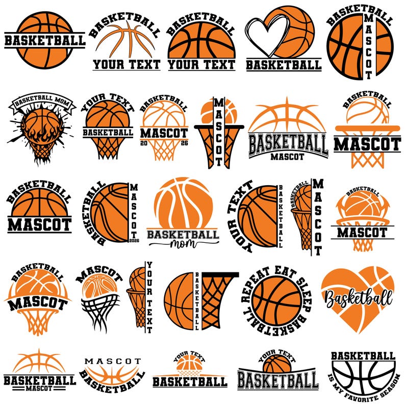 Pu&ograve; includere: Una collezione di grafiche a tema basket arancioni e nere. I disegni includono palloni da basket, canestri e testo come "Basketball", "Mascot" e "Your Text". Ideale per merchandising sportivo.