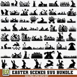 Könnte beinhalten: Eine Sammlung von 60 schwarzen Ostern-Themen-SVG-Designs. Die Designs zeigen Silhouetten von Hasen, Eiern, Blumen und anderen Frühlingsmotiven. Der Text "EASTER SCENES SVG BUNDLE" befindet sich unten.