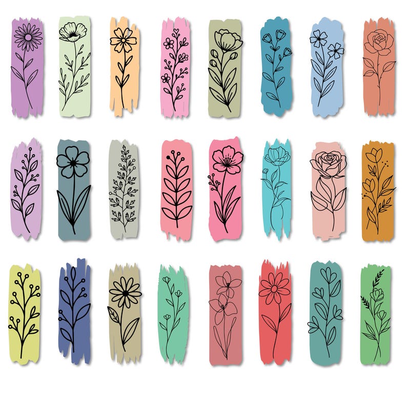May include: A collection of twenty-four rectangular swatches in various pastel and vibrant colors, each featuring a unique black line art illustration of a different botanical plant, flower, or leafy stem arranged in a grid pattern.