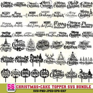 May include: A collection of 56 black digital designs featuring the text Merry Christmas in various calligraphic and decorative fonts, including illustrations of Christmas trees, snowflakes, bells, and reindeer, with some designs as cake toppers.