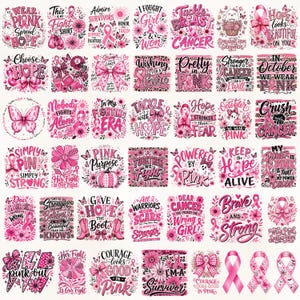 Pode incluir: Uma coleção de designs cor-de-rosa de consciencialização sobre o cancro da mama com fitas, flores, borboletas e textos motivacionais como 'Hope looks beautiful on you' e 'In October we wear pink' dispostos numa grelha.
