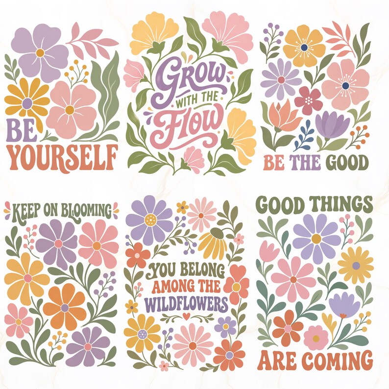 Pode incluir: Um conjunto de seis impress&otilde;es gr&aacute;ficas retangulares com ilustra&ccedil;&otilde;es florais em tons de lavanda, amarelo, rosa e laranja com folhas verde-s&aacute;lvia. O texto inclui frases como BE YOURSELF, GROW WITH THE FLOW, BE THE GOOD, KEEP ON BLOOMING, YOU BELONG AMONG THE WILDFLOWERS e GOOD THINGS ARE COMING.