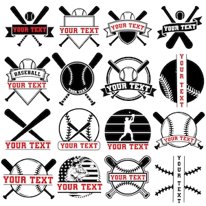 K&ouml;nnte beinhalten: Eine Sammlung von Baseball-Logos in Schwarz und Wei&szlig;. Jedes Design zeigt Baseb&auml;lle, Schl&auml;ger und Banner mit dem Text "YOUR TEXT" in Rot. Die Logos haben verschiedene Formen, darunter Kreise, Schilde und B&auml;nder.