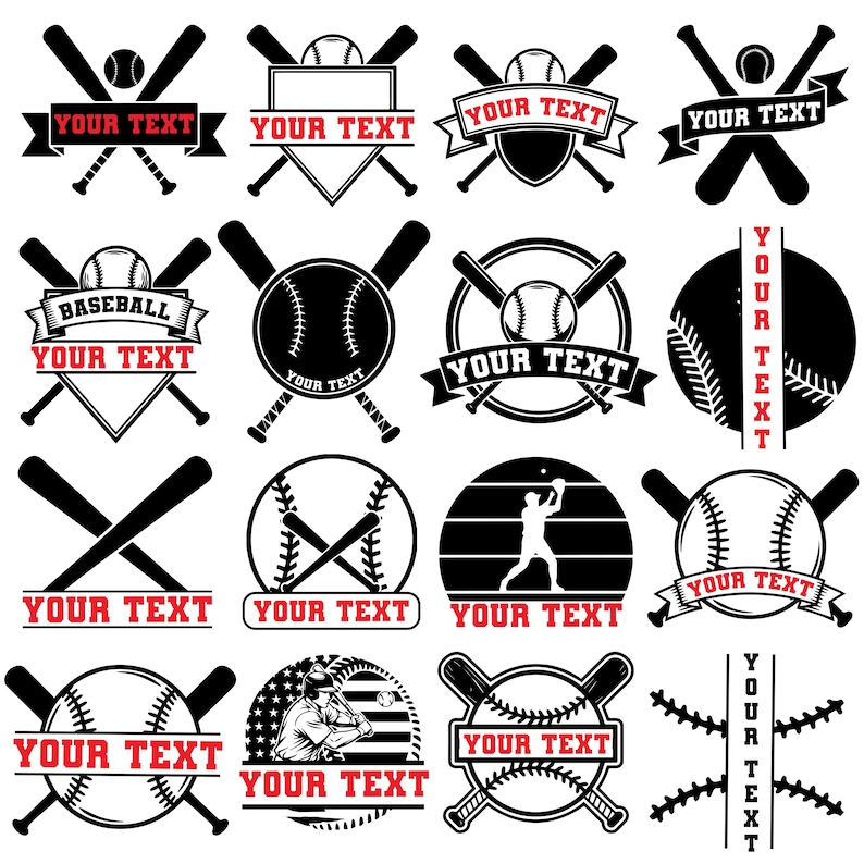 K&ouml;nnte beinhalten: Eine Sammlung von Baseball-Logos in Schwarz und Wei&szlig;. Jedes Design zeigt Baseb&auml;lle, Schl&auml;ger und Banner mit dem Text "YOUR TEXT" in Rot. Die Logos haben verschiedene Formen, darunter Kreise, Schilde und B&auml;nder.
