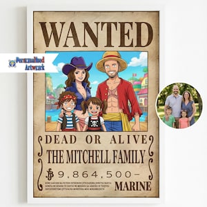 May include: A framed "Wanted" poster with a cartoon family portrait. The poster reads "WANTED" at the top, followed by "DEAD OR ALIVE" and "THE MITCHELL FAMILY". The family is illustrated in a vibrant, animated style, with a monetary value displayed.