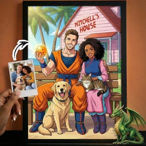 Può includere: Opera d'arte incorniciata raffigurante una coppia in stile anime, seduta su una panchina con un golden retriever e un gatto tigrato. Lo sfondo mostra una casa con la scritta "Mitchell's House" e una palma. È inclusa anche una foto della coppia con i loro animali domestici.