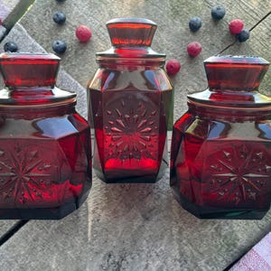 Set van 3 vintage Wheaton robijnrode sneeuwvlokbussen