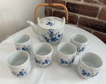 Vintage Otagiri OMC Japan Tea Set | Blue Floral Porcelain with Bamboo Handle