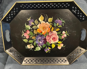 Vintage Nashco Hand-Painted Floral Toleware Tray – Large Octagonal Black Metal Serving Tray with Reticulated Border