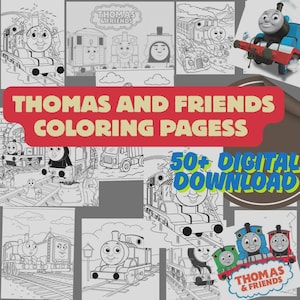 Puede incluir: Una colección de páginas para colorear de Thomas & Friends. La imagen presenta varias ilustraciones en blanco y negro de Thomas la locomotora y sus amigos, junto con el texto "Thomas and Friends Coloring Pages" y "50+ Digital Download."