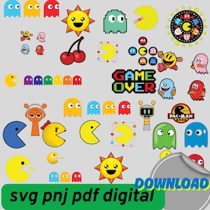 Könnte beinhalten: Eine Sammlung farbenfroher digitaler Grafiken zum Thema Pac-Man. Das Bild zeigt Pac-Man-Charaktere, Geister, Kirschen, Sonnen und den Text "GAME OVER" in Pixel-Schrift. Am unteren Rand des Bildes steht der Text "svg pnj pdf digital".