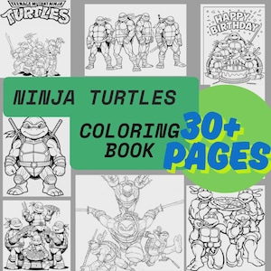 Op de afbeelding: Een Ninja Turtles kleurboek met meer dan 30 pagina's. De omslag toont het Teenage Mutant Ninja Turtles logo en diverse zwart-wit illustraties van de personages. Het boek bevat afbeeldingen van de schildpadden in actie en het vieren van een verjaardag.