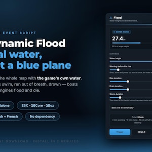 May include: A digital interface for a FiveM event script titled Dynamic Flood. The dark-themed UI displays water height settings, a timer, and configuration sliders for rise, drain, and storm durations, alongside buttons for trigger and drain actions.