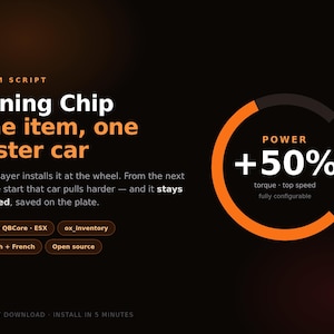 May include: A digital FiveM script advertisement for a Tuning Chip. The text reads: Tuning Chip one item, one faster car. Your player installs it at the wheel. From the next engine start that car pulls harder — and it stays chipped, saved on the plate. A circular power gauge shows +50% torque and top speed. Includes QBox, QBCore, ESX, ox_inventory, English, French, and open source labels.