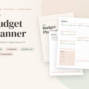 Peut inclure: Un ensemble de planificateur budgétaire numérique avec le texte The Budget Planner, Plan it. Track it. Keep more of it. Comprend des pages non datées, imprimables et hyperliées avec 56 pages, 12 mois, et des options de format lettre et A4.