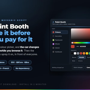 May include: A digital interface for a FiveM mechanic script titled Paint Booth. The dark-themed UI features a colour picker, part selection menu, hex code input #C0392B, and finish presets including metallic, pearlescent, matte, metal, and chrome options.