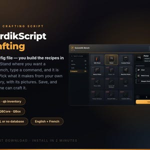 May include: A digital interface for the FiveM Crafting Script titled NordikScript Crafting. The screen displays a Gunsmith Bench menu with weapon icons, ingredient requirements for a pistol, and text detailing in-game recipe building.