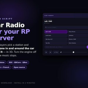 May include: A digital interface for a FiveM script titled Car Radio for your RP server. The dark purple UI displays a music player with station options like Lofi/Chill, Deep House, and Indie Rock, alongside compatibility tags for ESX, QBCore, and QBox.