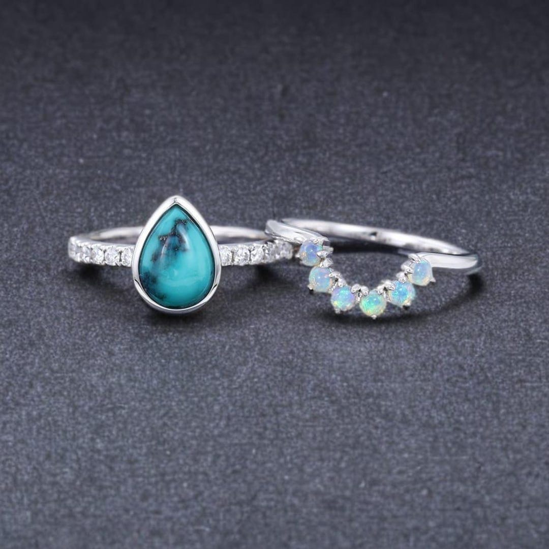 Arizona Turquoise & Ethiopian Opal Sterling Silver Ring Set - Etsy