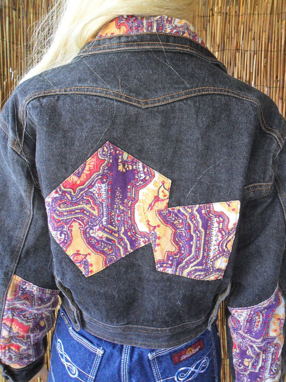 Vintage Cropped Black Denim Jacket Paisley Print Patches Sz - Etsy