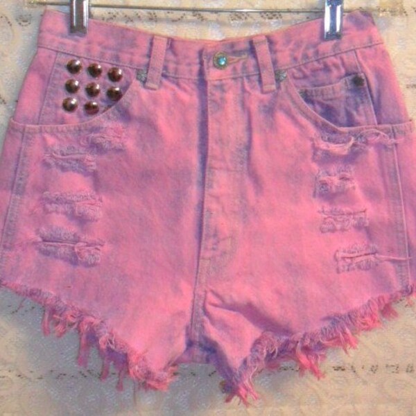 Vintage LA GEAR  High Waisted Hand  Dyed Pink Denim Shorts --Waist 25 inches