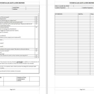 May include: A two-page Internal Quality Audit Report template with sections for process activity, audit details, and findings. Includes fields for questions, evidence, and non-conformance details. The document is in black and white.