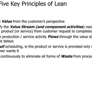 Puede incluir: Fondo blanco con el texto "The Five Key Principles of Lean" en la parte superior. El texto enumera cinco principios, incluyendo "Definir el valor" y "Eliminar el desperdicio". Un círculo azul con el número 16 está en la esquina inferior derecha.