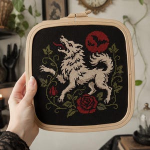 Gothic Wolf Cross Stitch Pattern PDF,  Whimsigoth Werewolf Dark Cross Stitch Chart