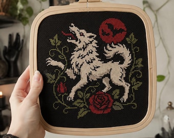 Gothic Wolf Cross Stitch Pattern PDF,  Whimsigoth Werewolf Dark Cross Stitch Chart