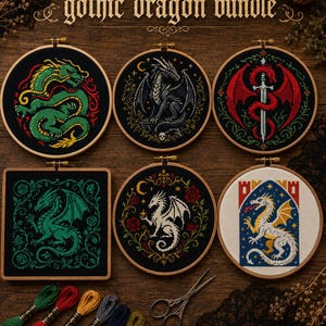 Korsstygnsmönsterpaket med gotisk drake, 6 medeltida broderimönster med Whimsigoth-motiv (PDF)
