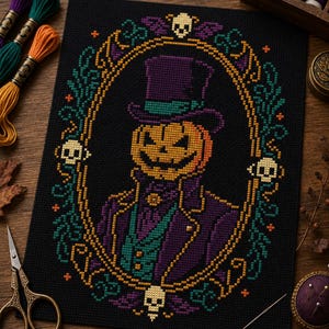 May include: A cross-stitch embroidery on black fabric featuring a pumpkin-headed figure wearing a purple top hat and coat. The figure is framed by an oval border decorated with green vines and small skulls in a purple, orange, and green palette.
