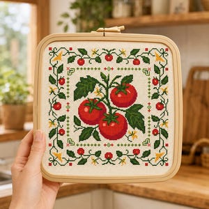May include: A square embroidery hoop containing a cross-stitch pattern on cream fabric. The design features three red tomatoes with green leaves and yellow flowers in the center, surrounded by a decorative border of vines, small red berries, and yellow blossoms.