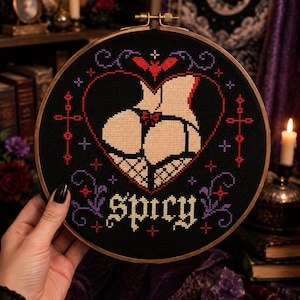 May include: A circular wooden embroidery hoop containing a black fabric cross-stitch piece. The design features a beige silhouette of a person wearing a thong and fishnet stockings inside a red heart, with the word "Spicy" stitched in white below.