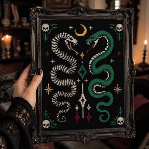 Snake Cross Stitch Pattern PDF, Gothic Serpent Skeleton Chart. Whimsigoth decor