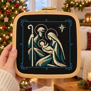 Gráfico de Ponto Cruz da Natividade, Desenho da Sagrada Família para o Natal, Download Digital