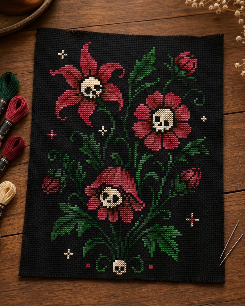 May include: A black cross-stitch fabric featuring a floral pattern with three large red flowers, each containing a white skull at its center. The design includes green leaves, stems, and small white cross-shaped stars scattered across the black background.
