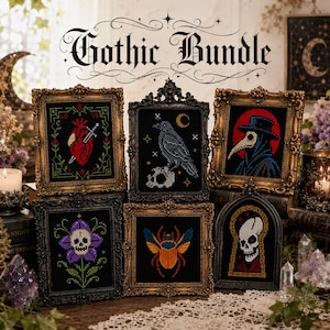 May include: A collection of framed cross-stitch art pieces with a gothic theme. The pieces feature images of a heart with a sword, a raven, a plague doctor, a skull flower, a scarab beetle, and a skull in a keyhole. The text "Gothic Bundle" is at the top.