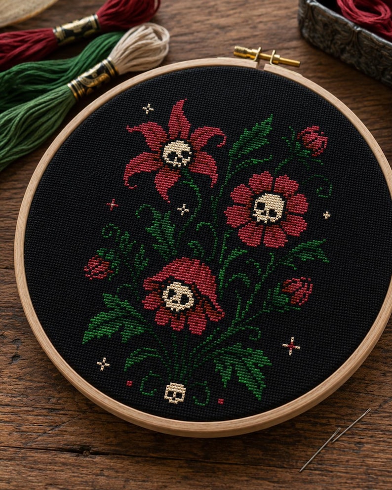 May include: A circular wooden embroidery hoop containing black fabric with a cross-stitch design of red flowers featuring small white skulls at their centers, surrounded by green leaves, stems, and tiny white cross-shaped accents.