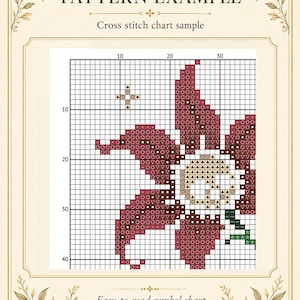May include: A cross stitch pattern example featuring a grid with numbered axes. The design displays a stylized flower in shades of dark red and beige, with a peace sign symbol in the center. The text reads PATTERN EXAMPLE and Cross stitch chart sample.