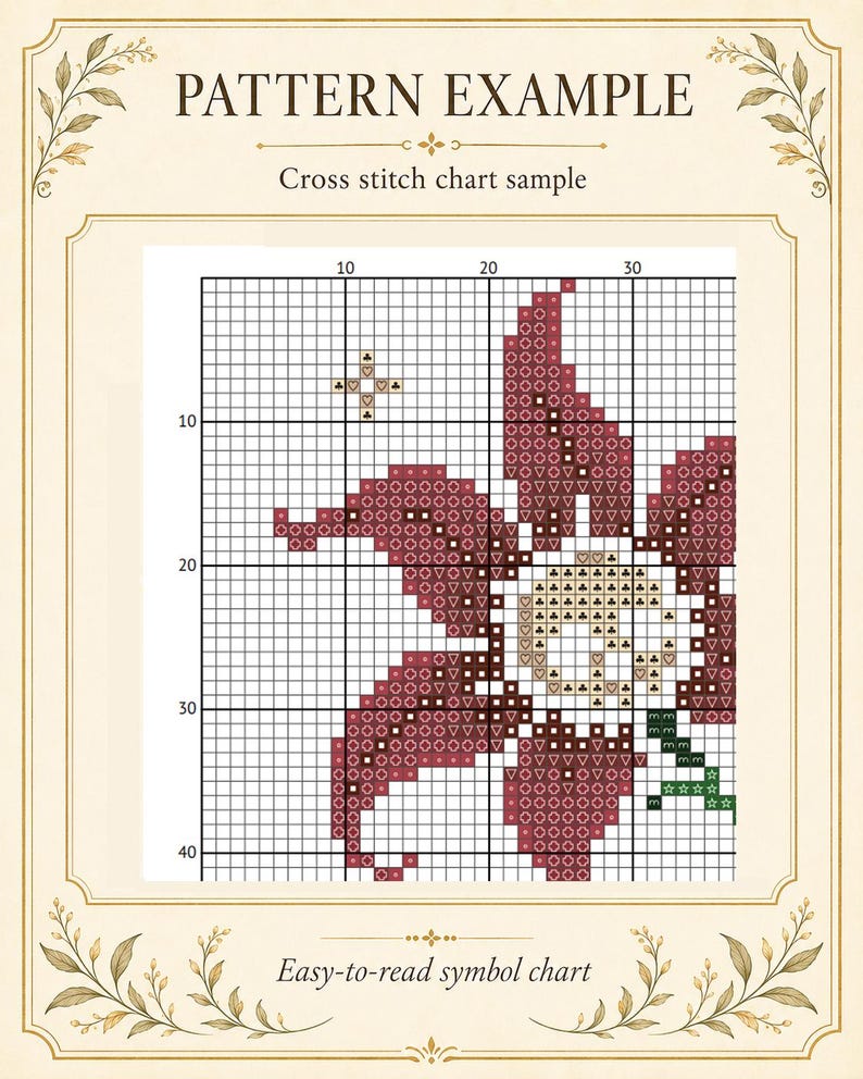 May include: A cross stitch pattern example featuring a grid with numbered axes. The design displays a stylized flower in shades of dark red and beige, with a peace sign symbol in the center. The text reads PATTERN EXAMPLE and Cross stitch chart sample.