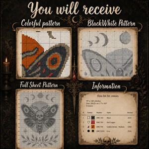 May include: A cross stitch pattern set featuring a moth with a skull marking. Includes a colorful pattern, a black and white pattern, a full sheet pattern, and an information card with a floss list. The size is listed as 7 by 9.8 inches.