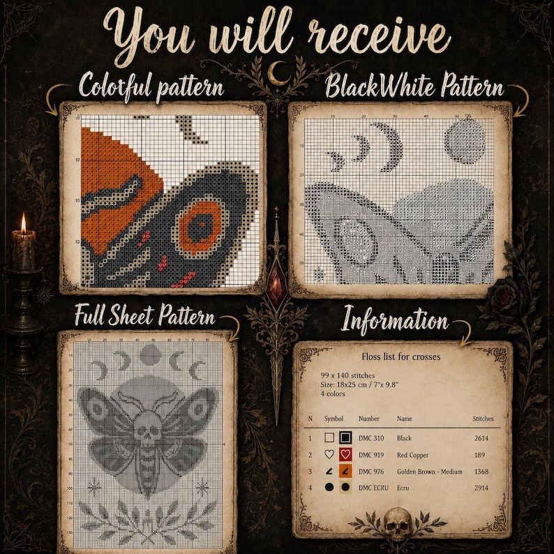 May include: A cross stitch pattern set featuring a moth with a skull marking. Includes a colorful pattern, a black and white pattern, a full sheet pattern, and an information card with a floss list. The size is listed as 7 by 9.8 inches.