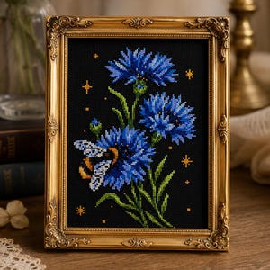 May include: Cross-stitch art of blue cornflowers and a bee on a black background, framed in a gold ornate frame. The flowers have green stems and leaves. Gold star accents are scattered around the flowers. The frame is displayed on a wooden surface.