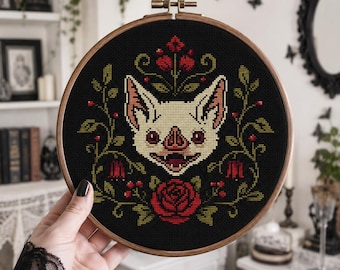 Gothic Bat Cross Stitch Pattern PDF, Vampire Bat with Roses, Halloween Floral Embroidery, Dark Whimsigoth DMC Chart, Easy Printable Pattern