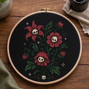 Gothic Skull Flowers Cross Stitch Pattern, Whimsigoth Floral PDF, Halloween Botanical Embroidery image 4