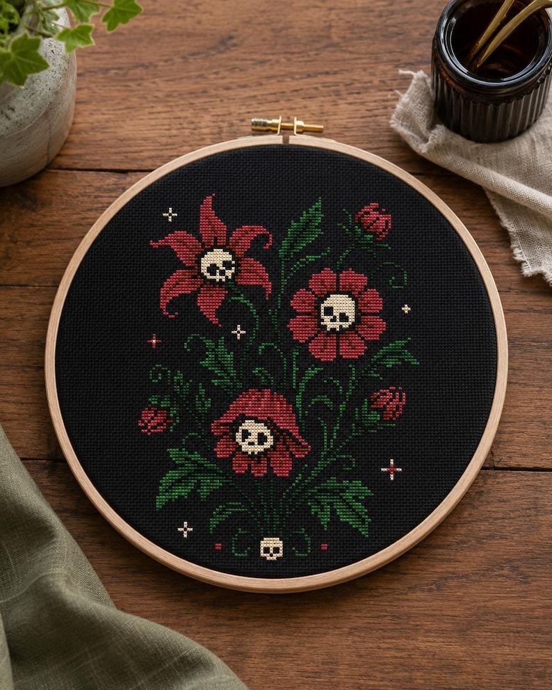 Gothic Skull Flowers Cross Stitch Pattern, Whimsigoth Floral PDF, Halloween Botanical Embroidery image 4