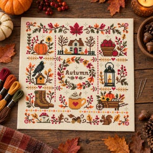 May include: A square cross-stitch sampler on cream fabric featuring a central wreath with the word Autumn, surrounded by seasonal motifs including a house, pumpkin, birdhouse, lantern, mug, boot, and wheelbarrow in shades of orange, red, and brown.