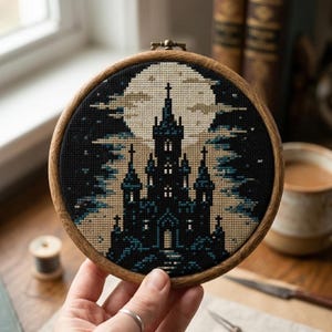 Può includere: Un telaio da ricamo circolare in legno contenente un disegno a punto croce della sagoma di un castello scuro su una grande luna piena color beige pallido. Il castello presenta diverse torri con croci, realizzate con fili neri e blu scuro.